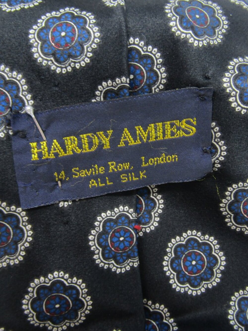 Vintage Hardy Amies Savile Row London Silk Tie Blue Red Floral Medallion Black